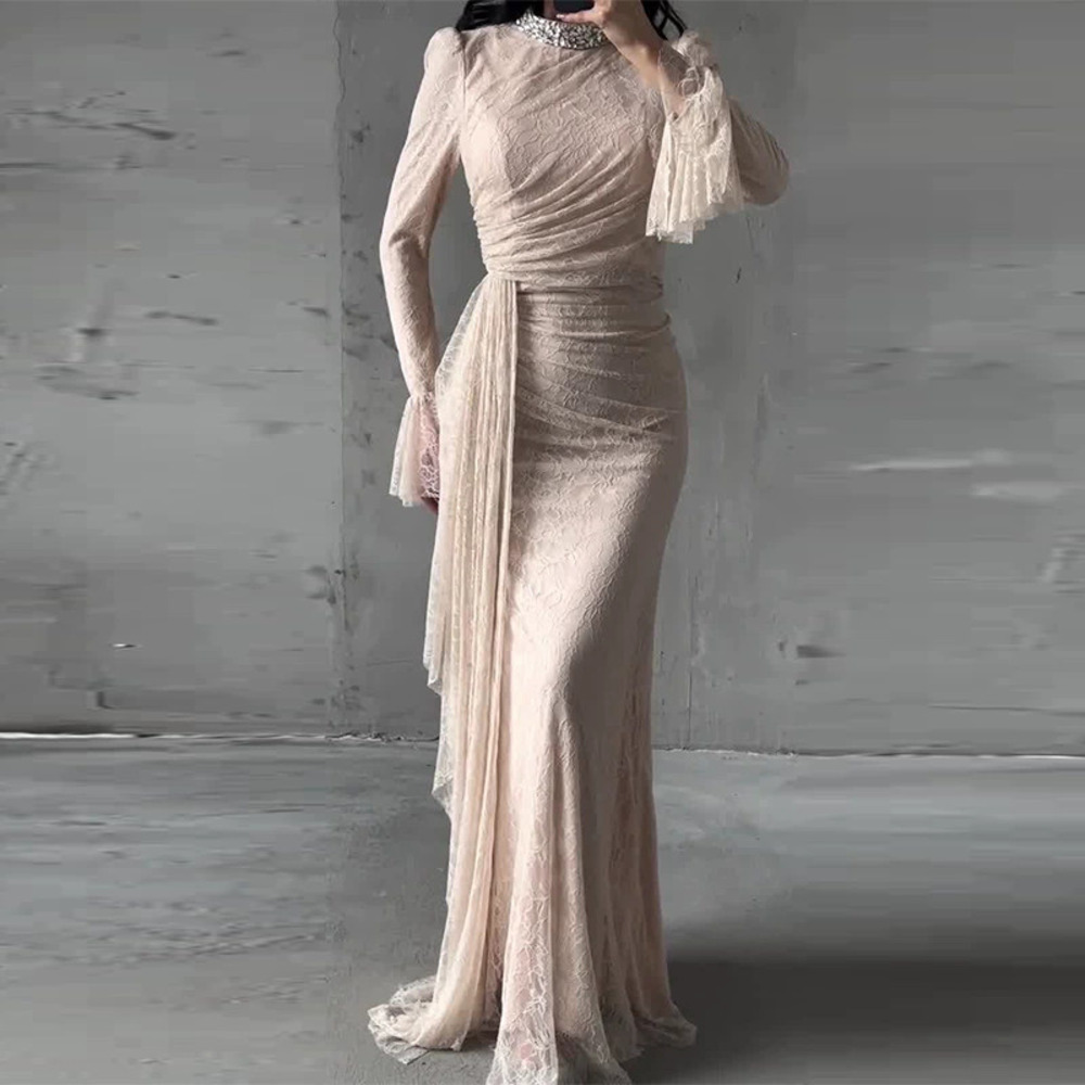 Forever 21 Elegant Long Dress Rhinestone Neckline Lace Ruched Waist